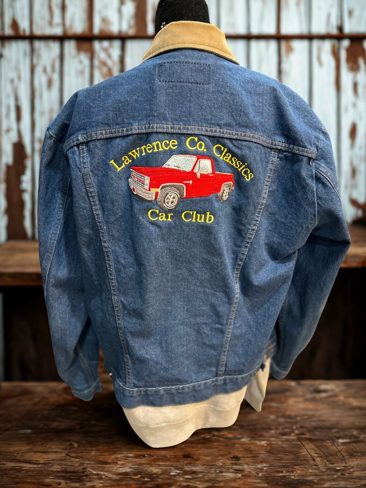 Lawrence Co Classics Car Club denim jacket embroidery