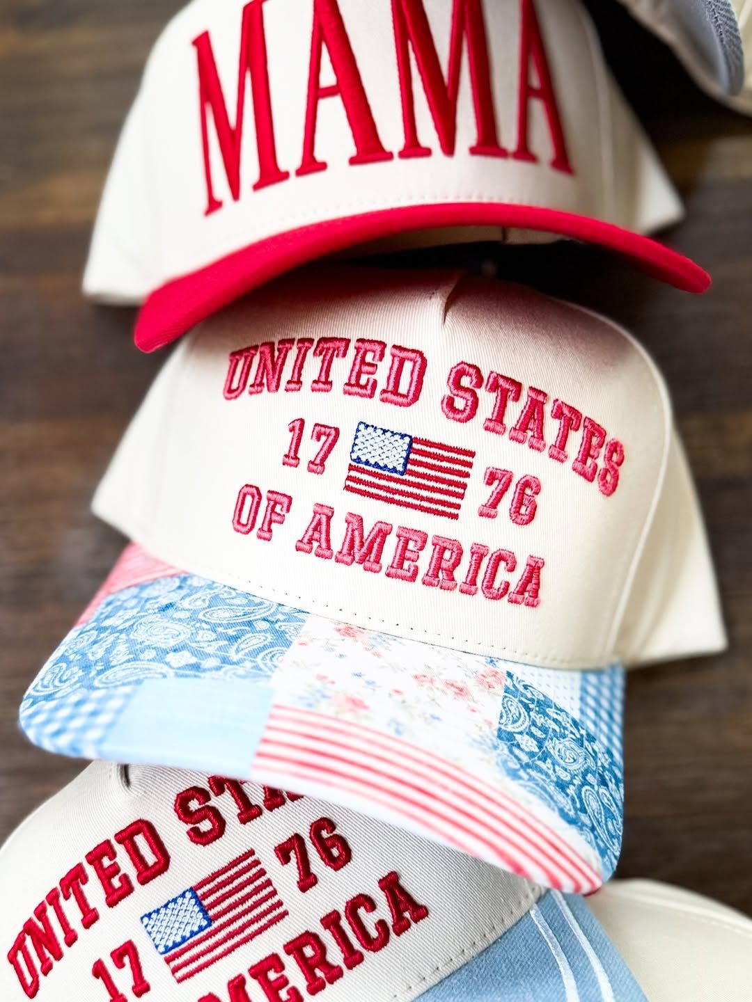 MAMA and Americana embroidered caps